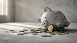 A cracked ceramic piggy bank lying on a concrete surface surrounded by scattered silver coins, with a single gold coin standing upright at its base