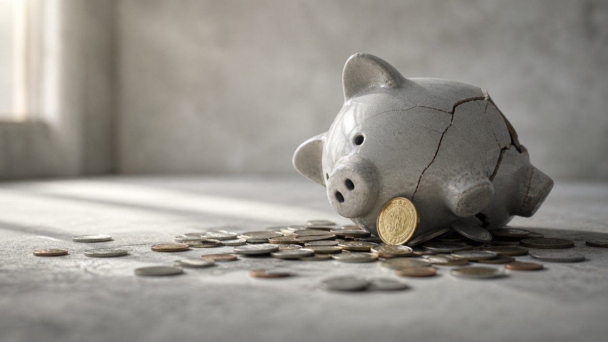 A cracked ceramic piggy bank lying on a concrete surface surrounded by scattered silver coins, with a single gold coin standing upright at its base