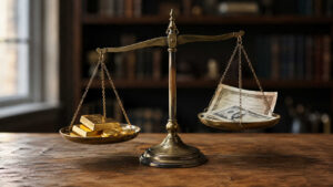 A brass balance scale on a wooden desk with gold bars and coins on one side outweighing US dollar bills on the other, set against a dark blurred bookshelf background