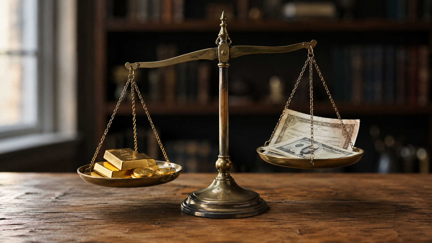 A brass balance scale on a wooden desk with gold bars and coins on one side outweighing US dollar bills on the other, set against a dark blurred bookshelf background