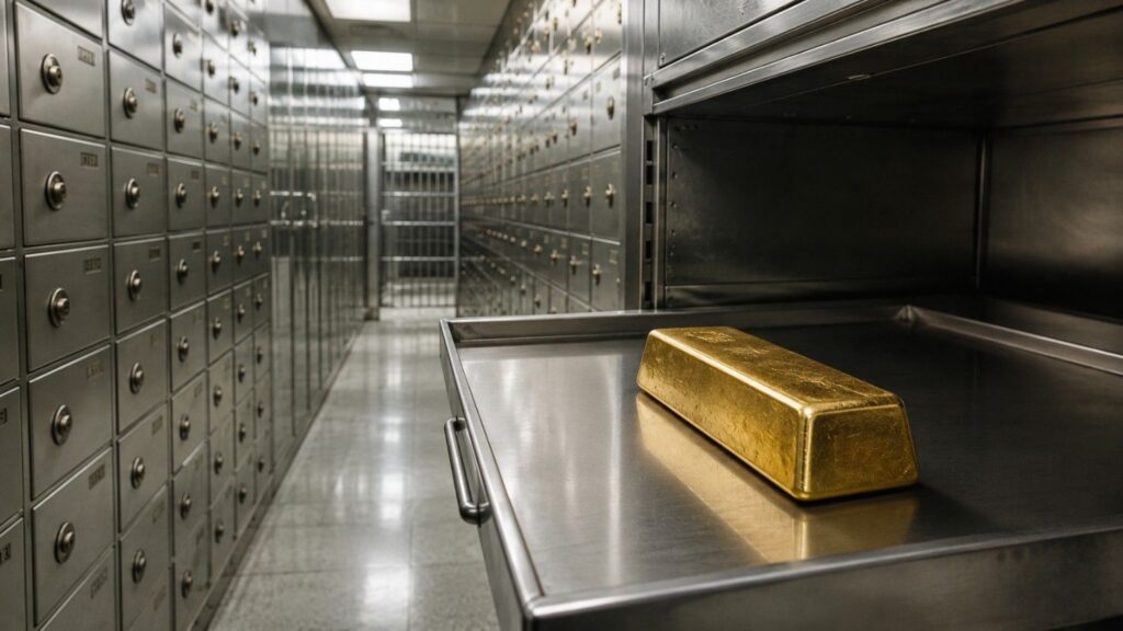 Bank vault interior with a single gold bar resting on a steel tray — institutional buying of gold continues despite near-term price target cuts