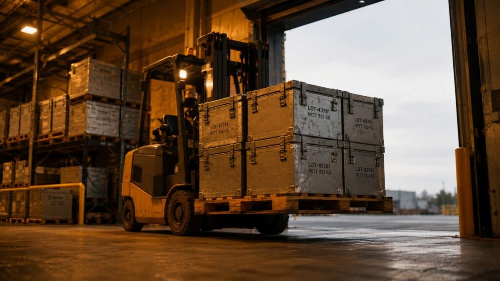 Forklift carrying sealed bullion crates through a warehouse loading dock — institutional gold repricing in action as physical metal moves at record pace