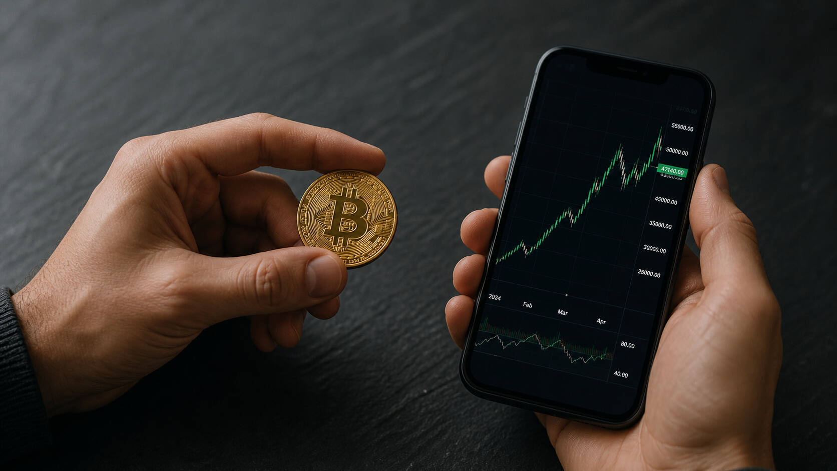 Two hands holding a gold Bitcoin coin and a smartphone displaying a price chart — illustrating the gold vs bitcoin debate and whether bitcoin is better than gold as an investment.