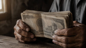 Elderly hands holding a thick bundle of worn 5000 peso banknotes — illustrating a loss of faith currency crisis and the collapse of purchasing power