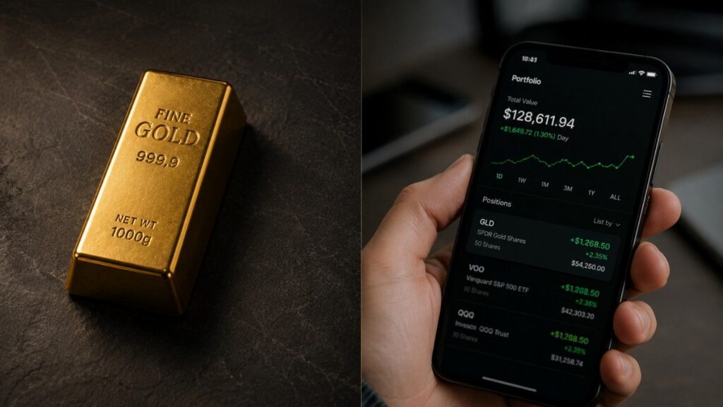 Physical gold bar stamped Fine Gold 999.9 beside a smartphone portfolio screen showing GLD SPDR Gold Shares — physical gold vs digital gold comparison