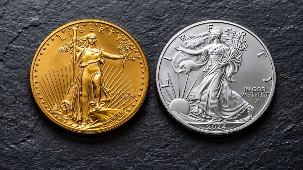 2024 American Gold Eagle and American Silver Eagle coins side by side on dark slate — should I buy gold or silver first