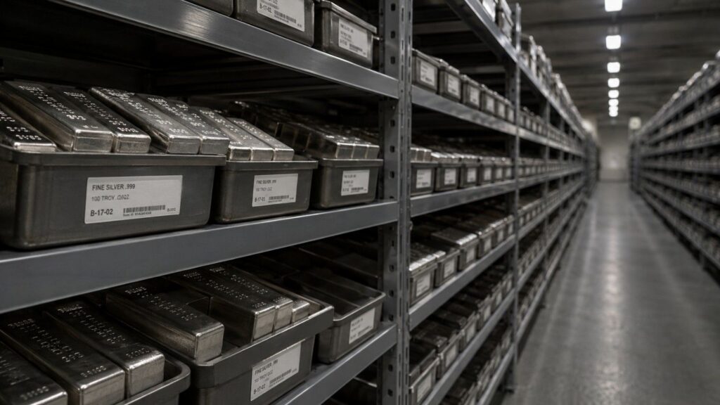 Silver IRA rules — IRS-approved depository storage aisle with labelled Fine Silver .999 100 troy oz bars on institutional shelving