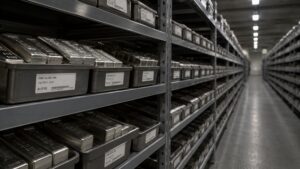 Silver IRA rules — IRS-approved depository storage aisle with labelled Fine Silver .999 100 troy oz bars on institutional shelving