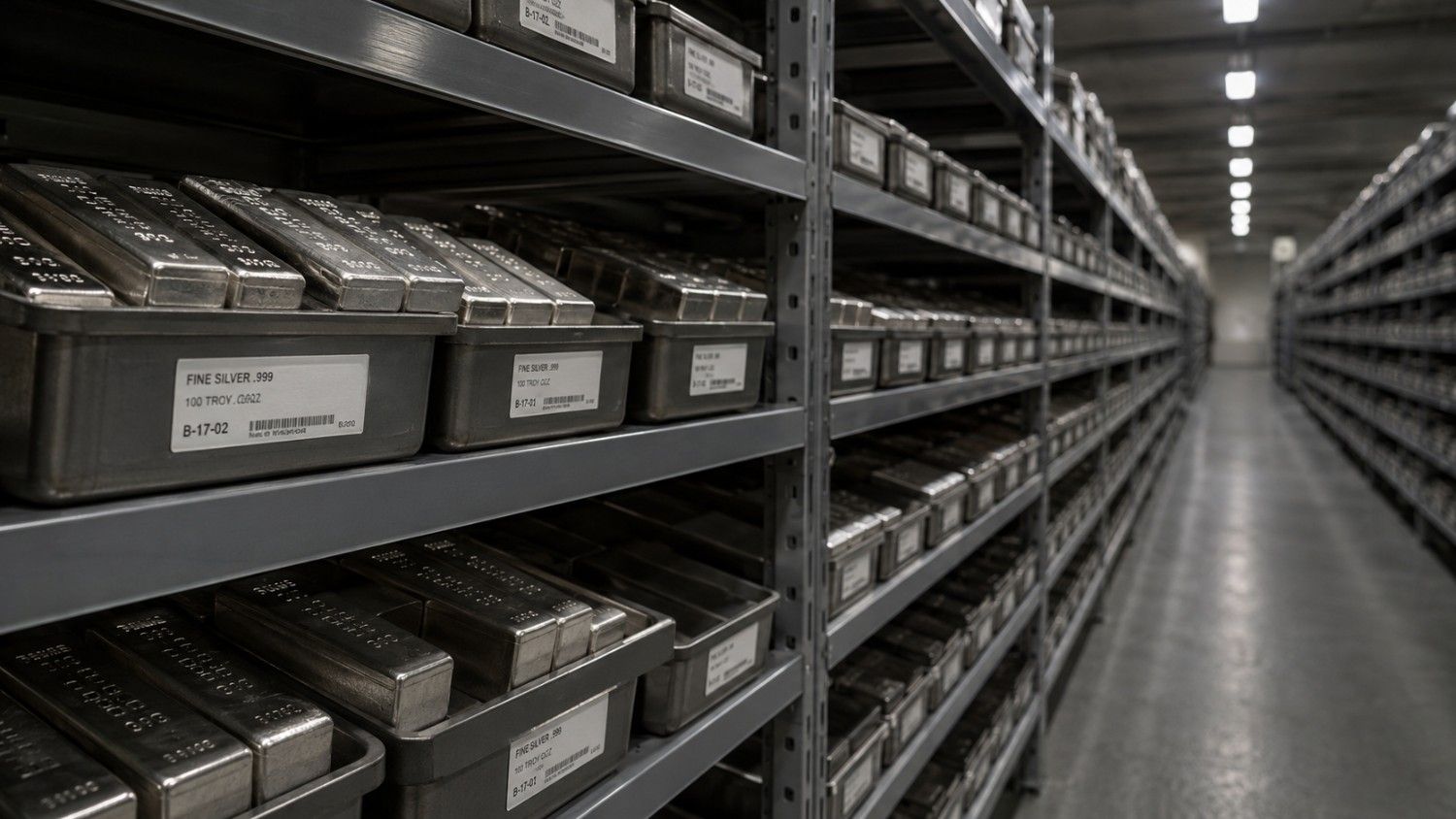 Silver IRA rules — IRS-approved depository storage aisle with labelled Fine Silver .999 100 troy oz bars on institutional shelving