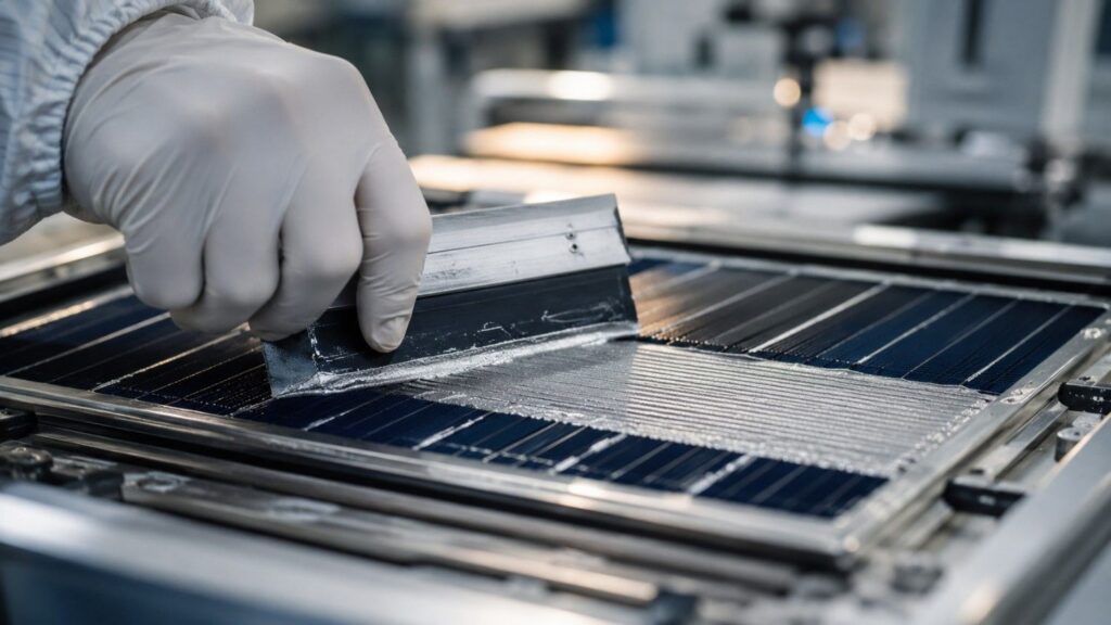 Silver industrial demand in action: technician screen-printing silver conductive paste onto a solar cell during photovoltaic panel manufacturing