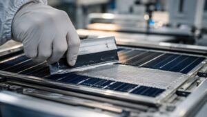 Silver industrial demand in action: technician screen-printing silver conductive paste onto a solar cell during photovoltaic panel manufacturing
