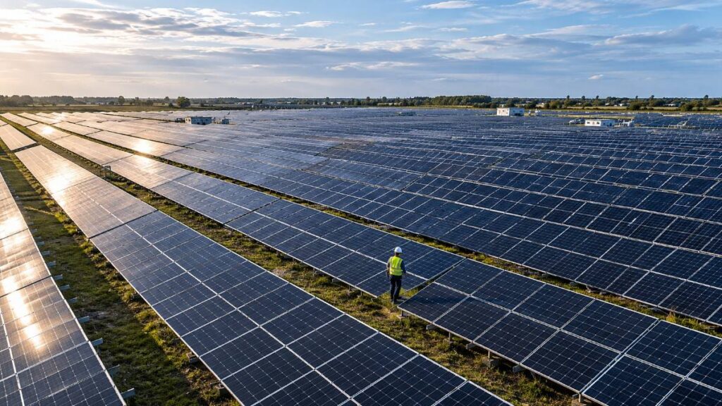 Solar farm worker inspecting photovoltaic panels — silver price demand driven by solar manufacturing ahead of Trump-Xi summit