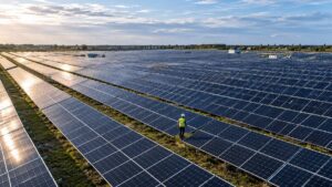 Solar farm worker inspecting photovoltaic panels — silver price demand driven by solar manufacturing ahead of Trump-Xi summit