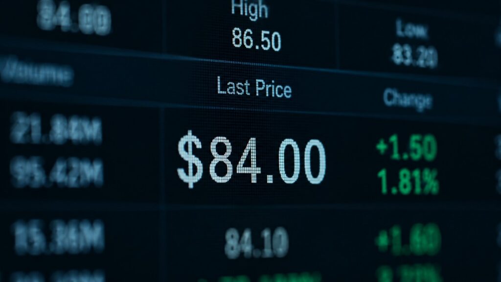 Trading terminal displaying silver spot price at $84.00 with intraday high of $86.50 and low of $83.28 — silver price forecast 2026