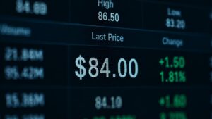 Trading terminal displaying silver spot price at $84.00 with intraday high of $86.50 and low of $83.28 — silver price forecast 2026