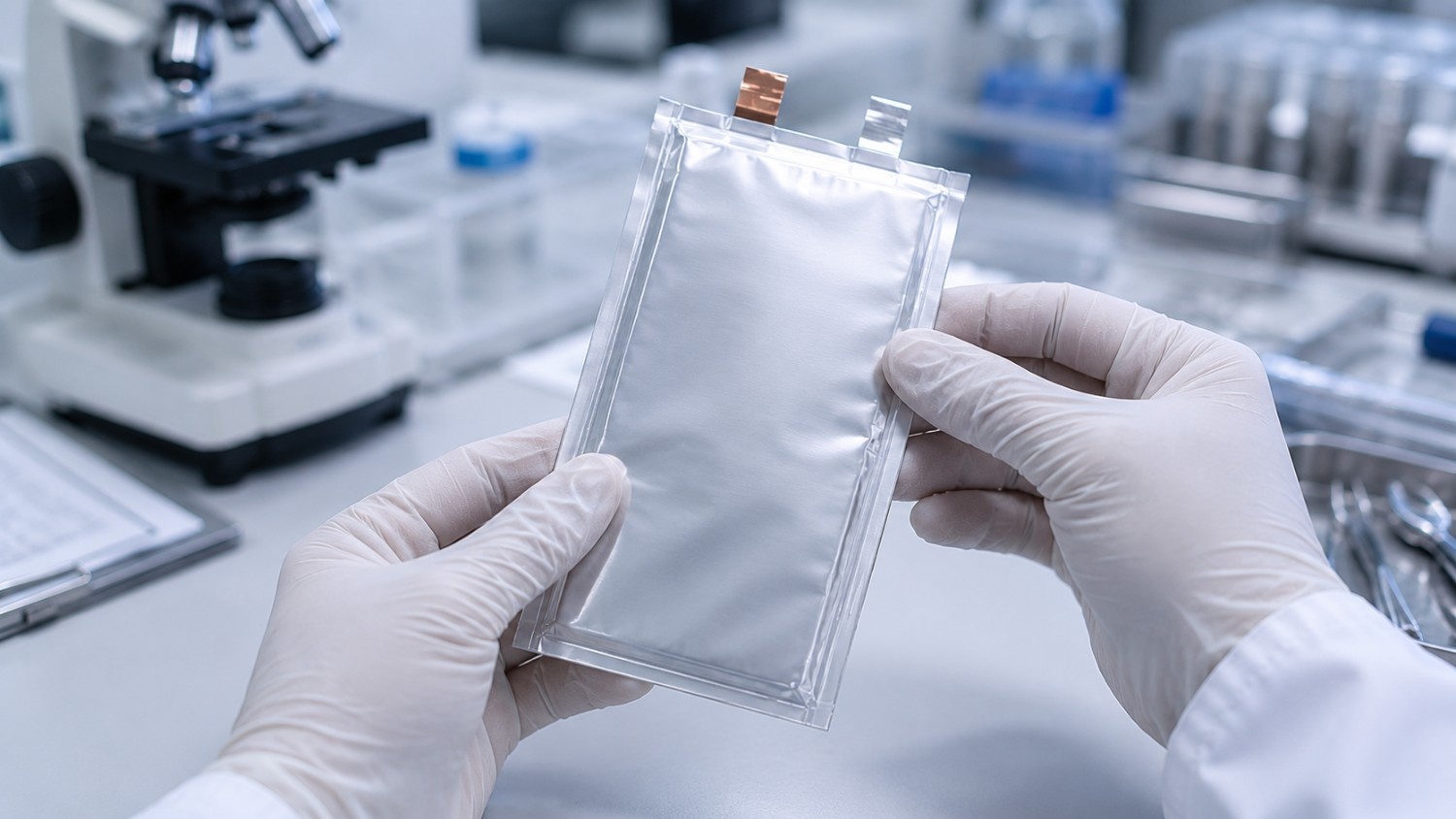Researcher in white gloves holding a silver solid state battery pouch cell in a laboratory setting