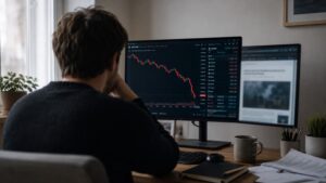 Person viewed from behind watching a steep red candlestick chart decline on a monitor at a home office desk