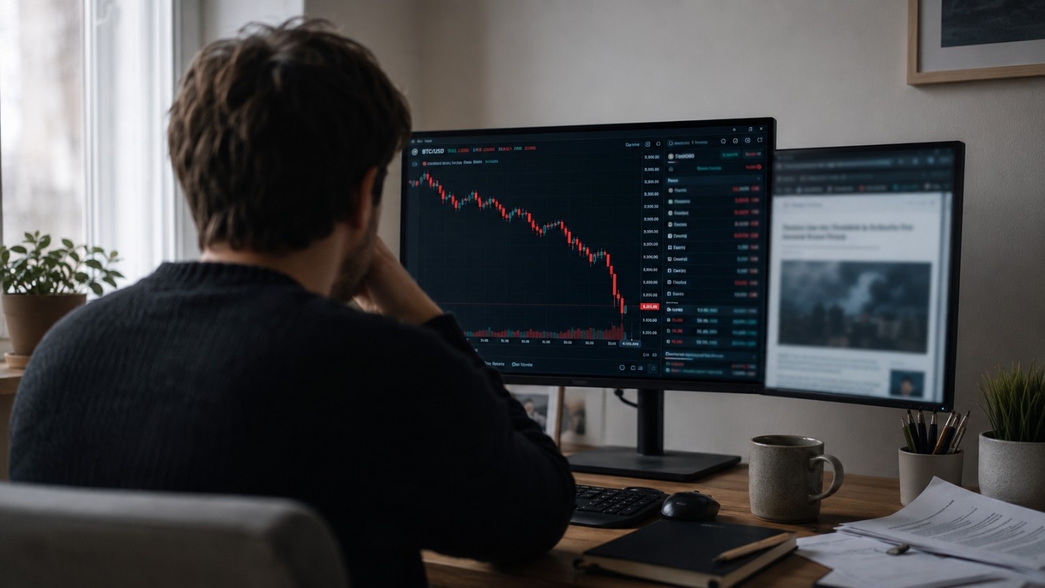 Person viewed from behind watching a steep red candlestick chart decline on a monitor at a home office desk