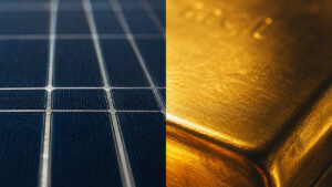 Split image showing silver conductive grid lines on a solar panel alongside the brushed surface of a gold bar, representing the industrial demand for silver versus gold as a store of value