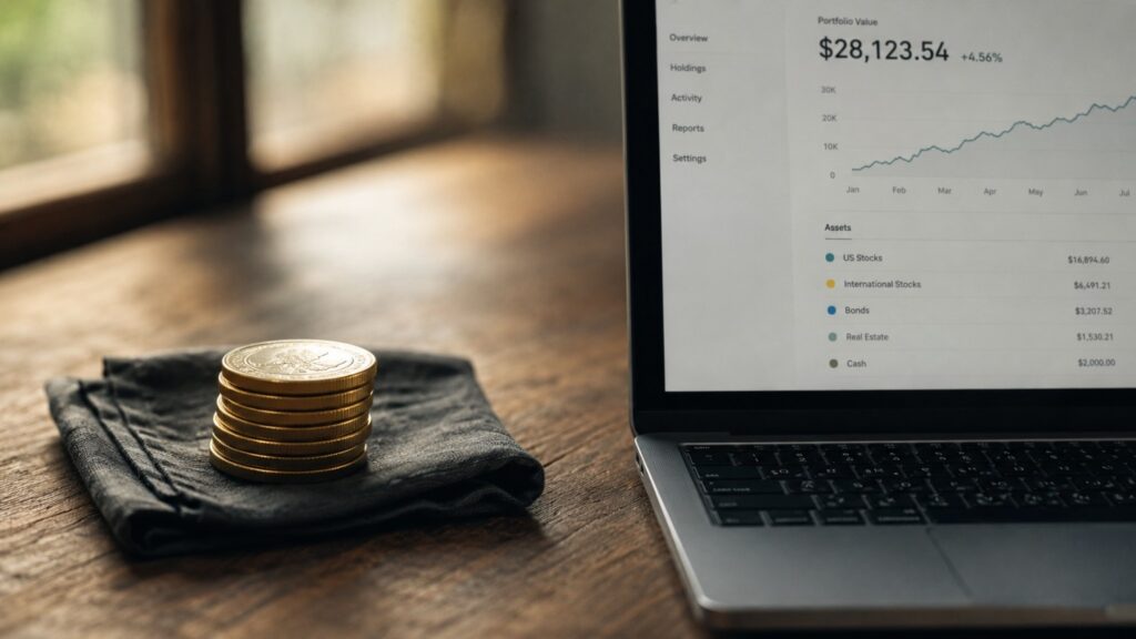 Stack of gold coins on a dark cloth beside a laptop showing a portfolio dashboard — store gold at home or vault with GoldSilver's InstaVault