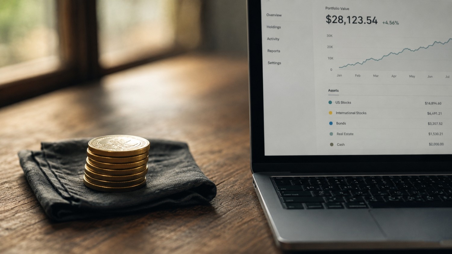 Stack of gold coins on a dark cloth beside a laptop showing a portfolio dashboard — store gold at home or vault with GoldSilver's InstaVault