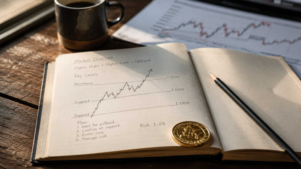 Hand-drawn market structure chart in a notebook showing support and resistance levels with a gold coin — technical analysis for precious metals