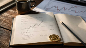 Hand-drawn market structure chart in a notebook showing support and resistance levels with a gold coin — technical analysis for precious metals