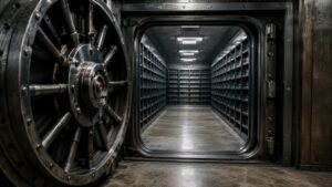 Empty bank vault with open steel door and bare shelves — what backs the US dollar since 1971