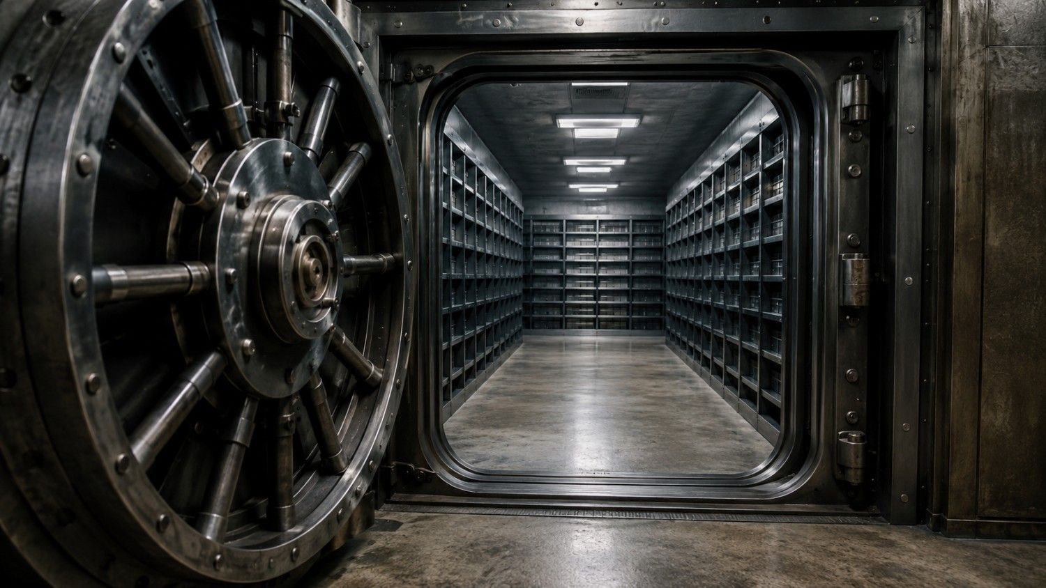 Empty bank vault with open steel door and bare shelves — what backs the US dollar since 1971