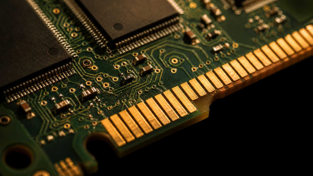 Gold-plated edge connectors on a circuit board — AI server components are a growing source of gold demand in 2026
