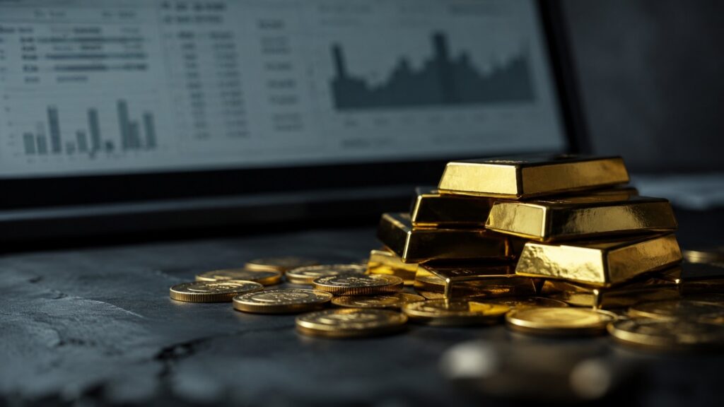 Stacked gold bars and scattered gold coins on a dark surface with a blurred financial chart and data table visible on a laptop screen in the background
