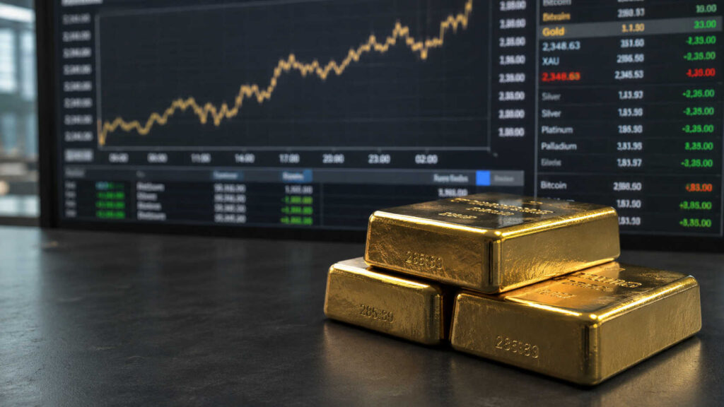 Three gold bars stacked on a dark surface in front of a financial trading screen showing rising gold prices — illustrating why gold prices keep rising in 2026