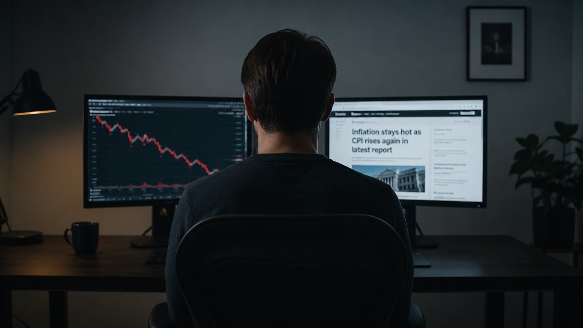 Investor studying a falling gold price chart and a CPI inflation headline — illustrating why gold is down when inflation is high