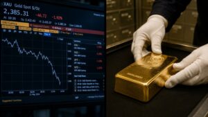 Bloomberg terminal showing gold spot price falling, beside gloved hands handling a 1000g gold bar — why is gold falling explained