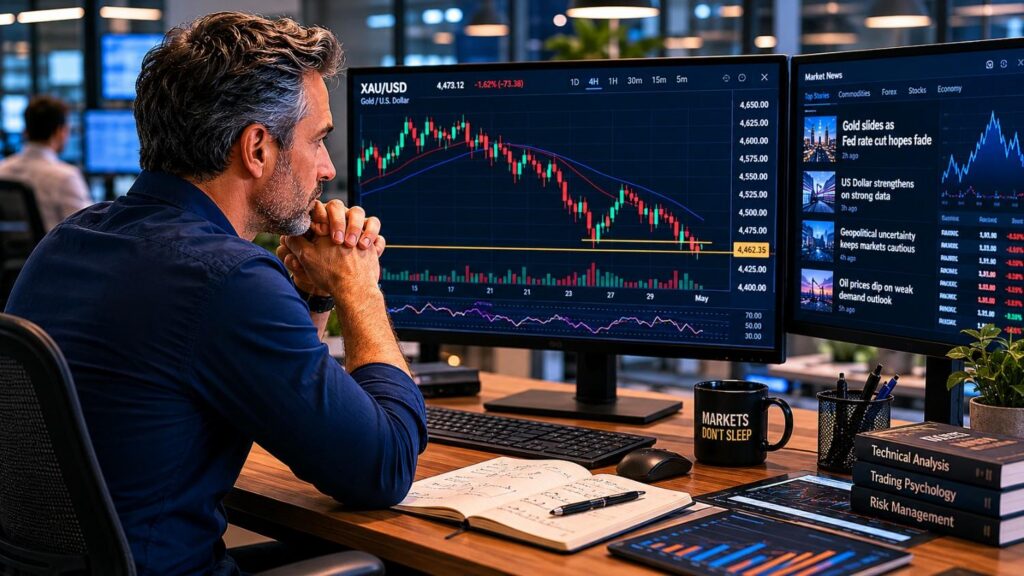 Analyst studying XAU/USD gold price chart showing a decline toward the $4,500 support level, with market news feed visible on second monitor — why gold is falling today