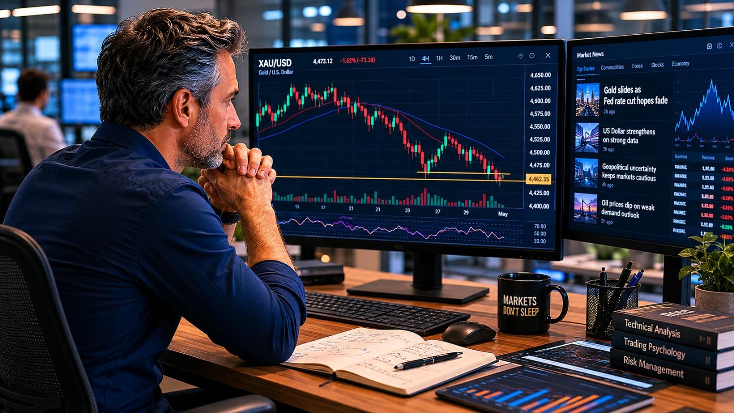 Analyst studying XAU/USD gold price chart showing a decline toward the $4,500 support level, with market news feed visible on second monitor — why gold is falling today