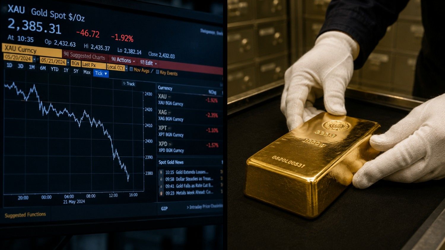 Bloomberg terminal showing gold spot price falling, beside gloved hands handling a 1000g gold bar — why is gold falling explained