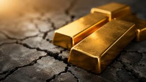 Gold bars resting on cracked stone surface — why is gold near all-time highs as five institutional systems crack simultaneously