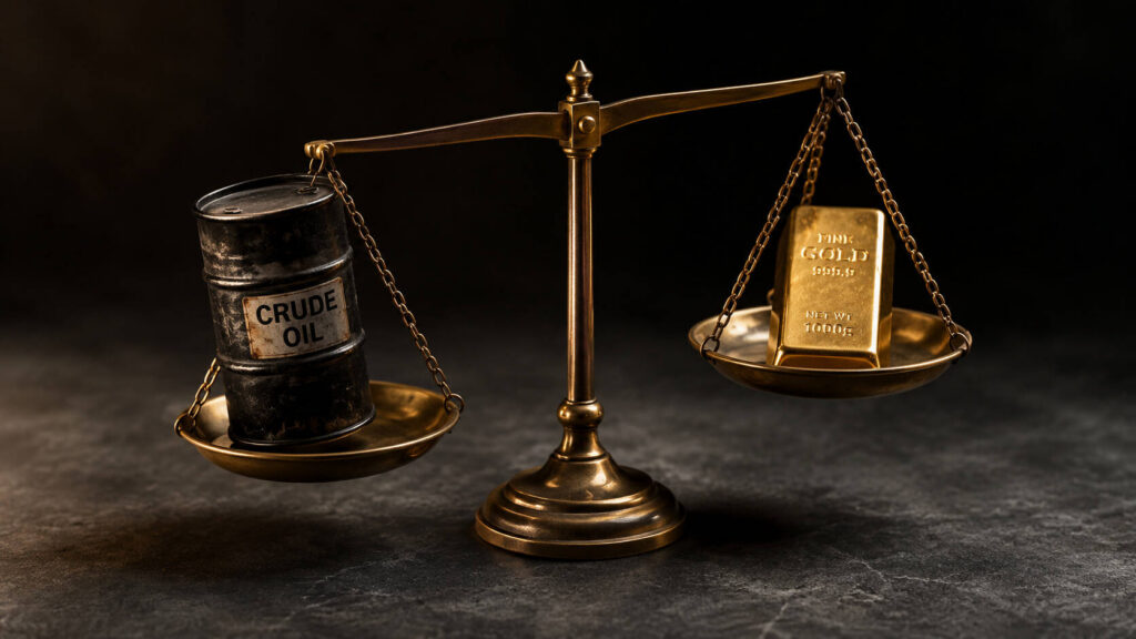 A balance scale with a crude oil barrel outweighing a gold bullion bar — illustrating why is gold rising even as oil prices fall