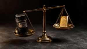 A balance scale with a crude oil barrel outweighing a gold bullion bar — illustrating why is gold rising even as oil prices fall
