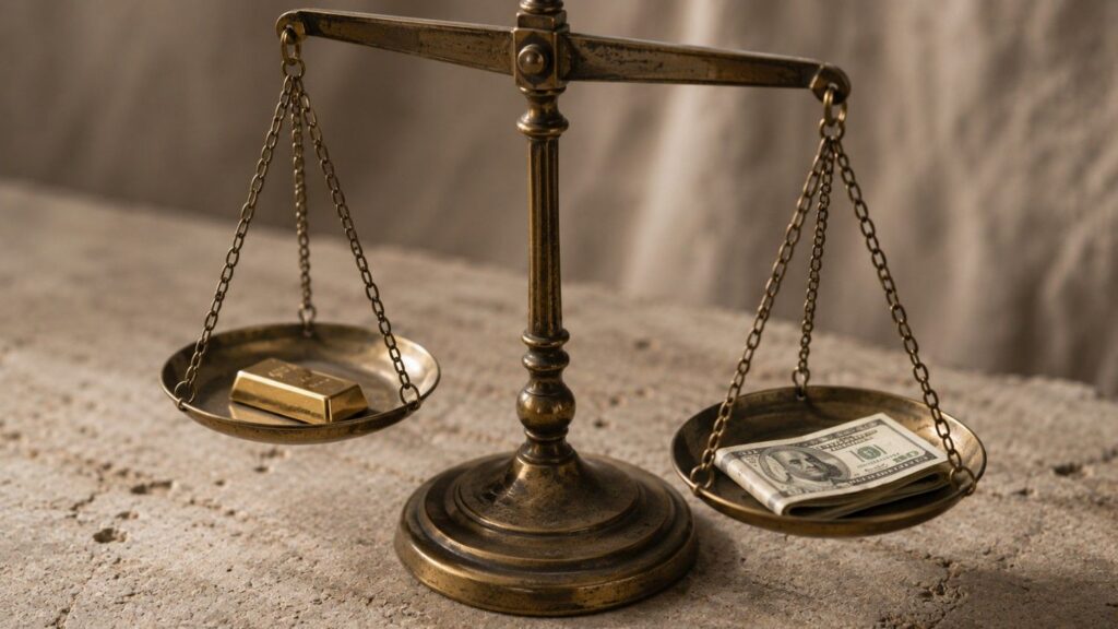 A brass balance scale on a stone surface weighing a gold bar against a stack of US dollar bills, illustrating why gold is valuable compared to fiat currency.