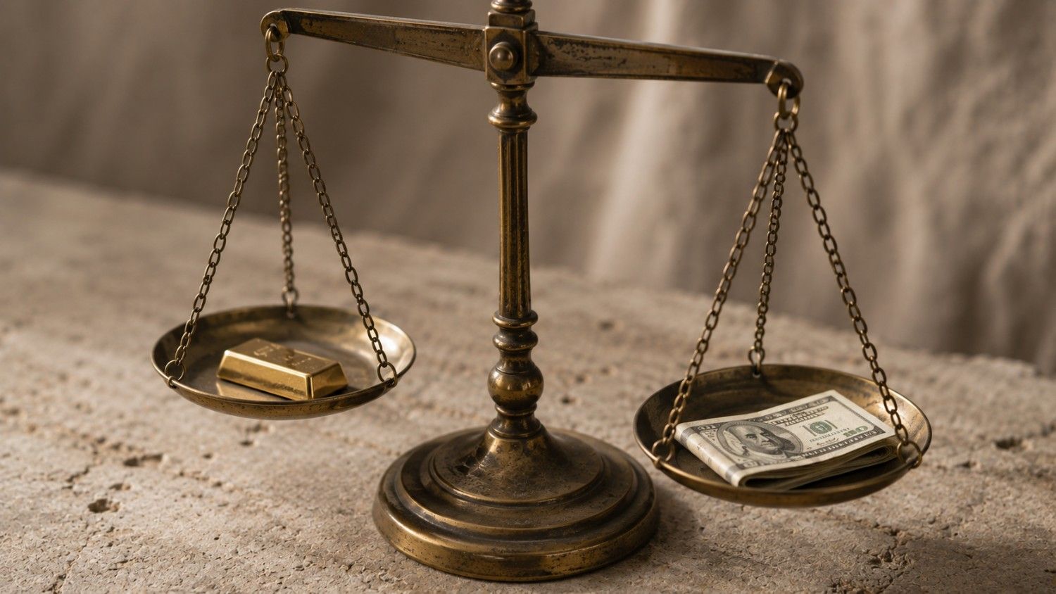 A brass balance scale on a stone surface weighing a gold bar against a stack of US dollar bills, illustrating why gold is valuable compared to fiat currency.