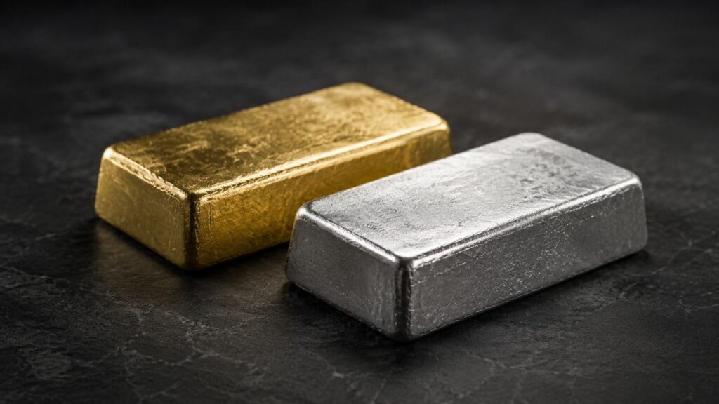 Two cast bullion bars side by side on a dark slate surface — gold bar behind, silver bar in front — illustrating why silver is falling faster than gold toda