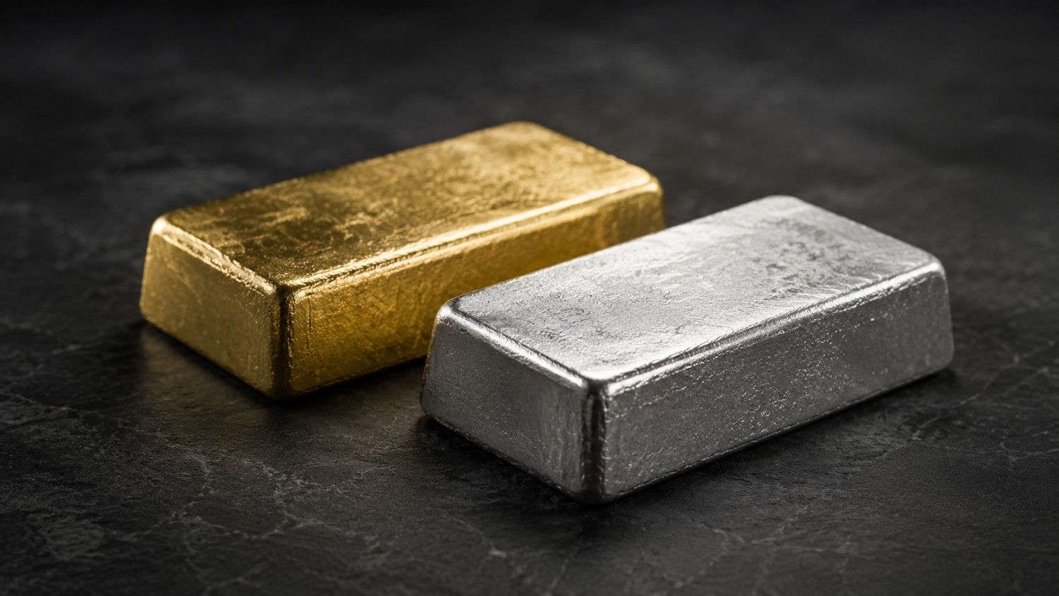 Two cast bullion bars side by side on a dark slate surface — gold bar behind, silver bar in front — illustrating why silver is falling faster than gold toda