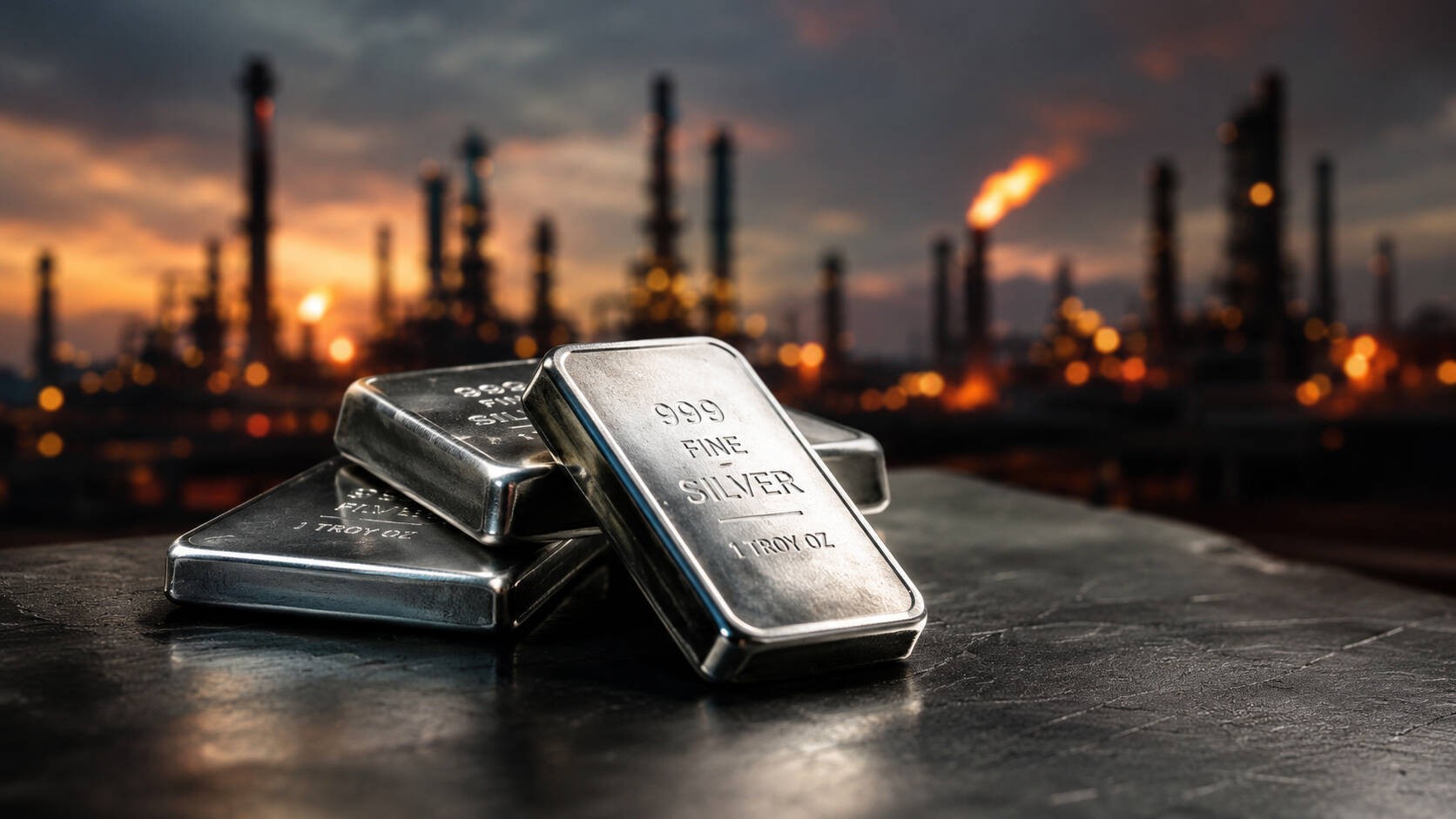 999 fine silver bullion bars stacked on a dark surface with an oil refinery glowing at dusk in the background — illustrating why silver price is rising today as falling oil prices ease inflation expectations and drive precious metals higher