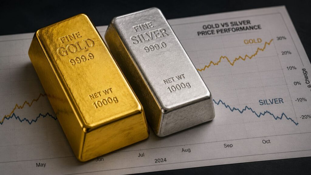 Gold and silver bars resting on a price performance chart showing gold up 30% and silver down 20% — illustrating why silver drops more than gold during rate uncertainty