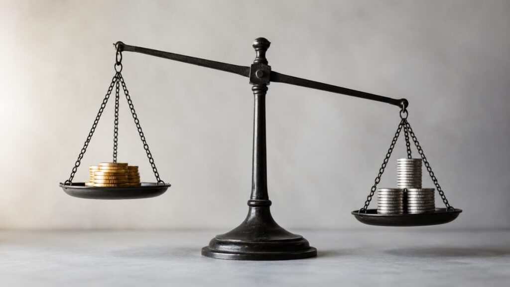 Balance scale with gold coins outweighing silver coins, illustrating why silver falls more than gold in a market selloff