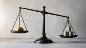 Balance scale with gold coins outweighing silver coins, illustrating why silver falls more than gold in a market selloff