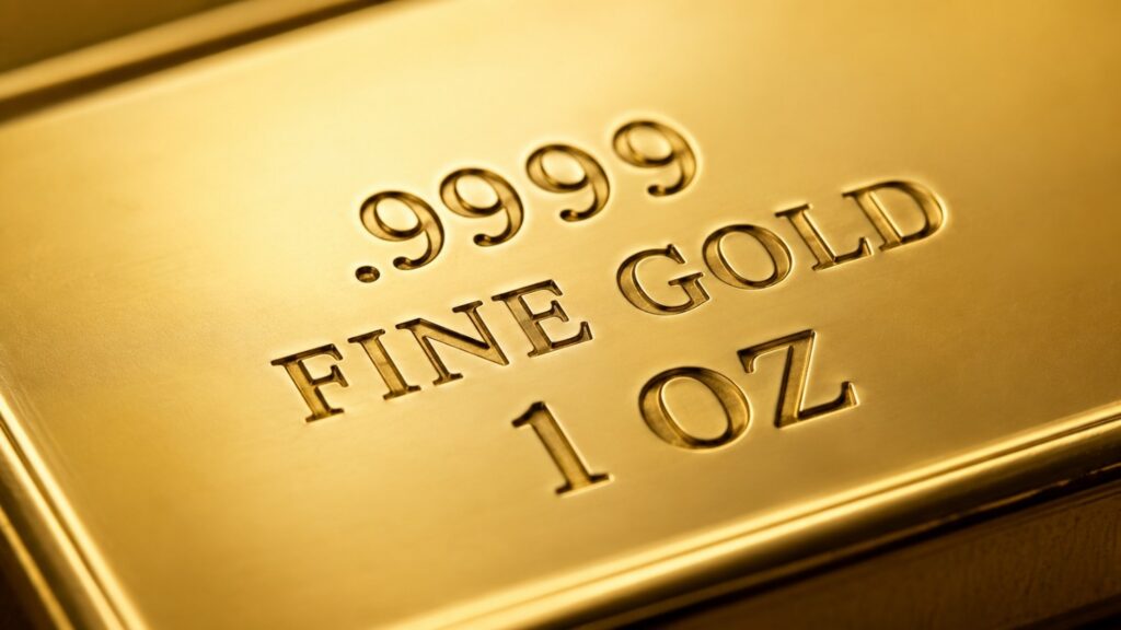 Close-up of a .9999 fine gold bar stamped with "FINE GOLD 1 OZ" — the 24K purity standard at the center of every 22K vs 24K gold investment decision.