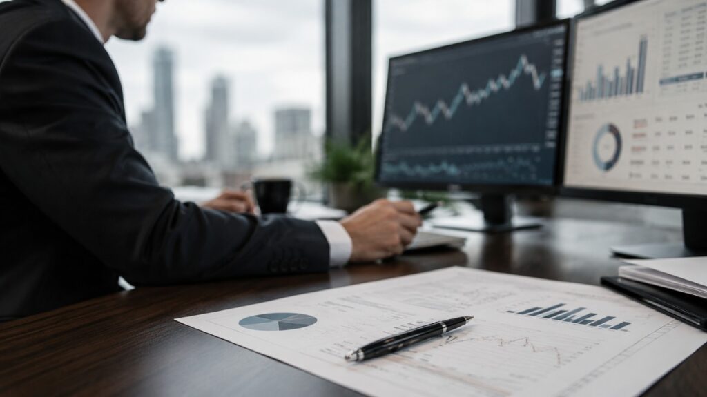 Financial analyst reviewing a printed research report at a desk with dual trading monitors in the background — illustrating the Barclays gold forecast methodology and institutional analysis process